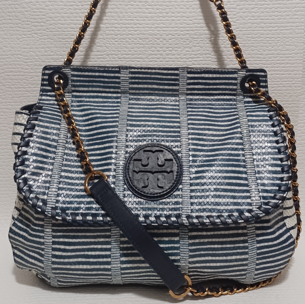 Tory Burch Navy/White Marion Flap Saddle/Shoulder Bag Medium EUC Retail $525.00
